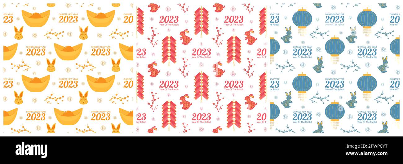 Set of Chinese Lunar New Year 2023 Day Seamless Pattern Decoration Template Hand Drawn Cartoon Flat Illustration Stock Photo