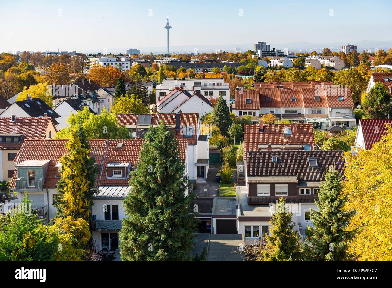 Idyllic residential area with single family row houses in Frankfurt am Main with autumn colored trees Stock Photo