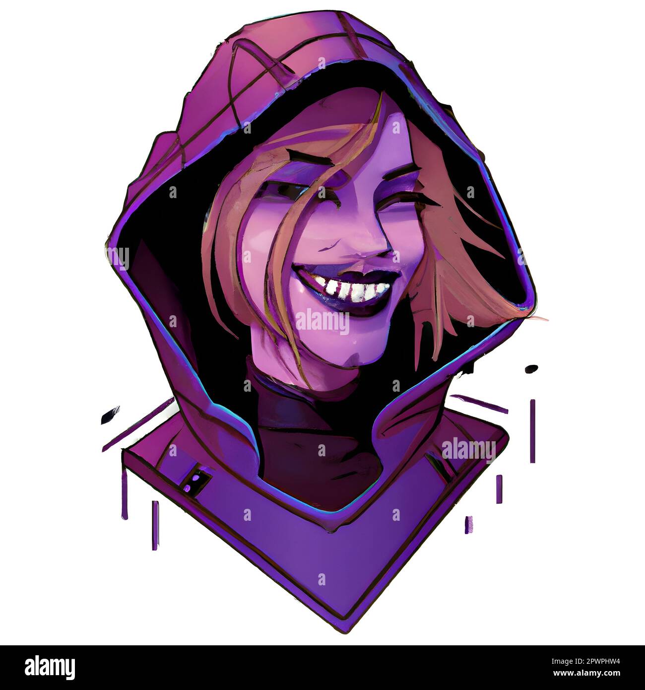 Illustration of creepy smiling woman face, cyberpunk style illustration. Stock Photo