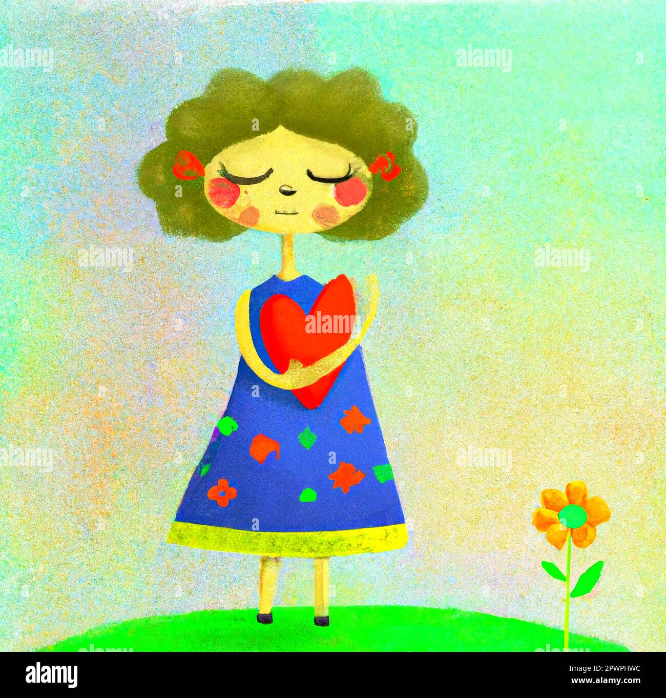 https://c8.alamy.com/comp/2PWPHWC/childrens-drawing-of-a-dreamy-little-girl-holding-a-red-heart-in-a-meadow-with-a-flower-2PWPHWC.jpg
