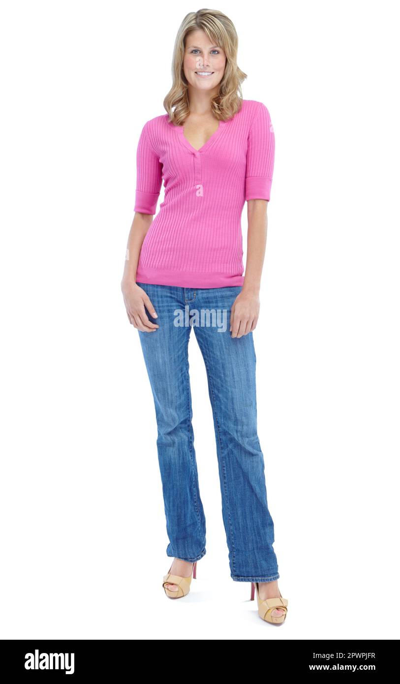 Full bodied casual beauty. Full length of a statuesque young woman isolated on a white background. Stock Photo