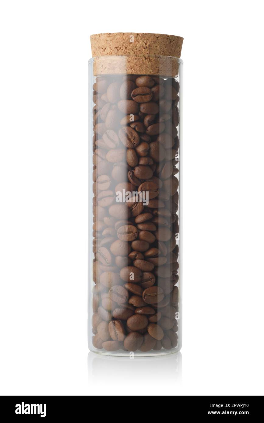 Glass jar with coffee beans isolated on white background Stock Photo
