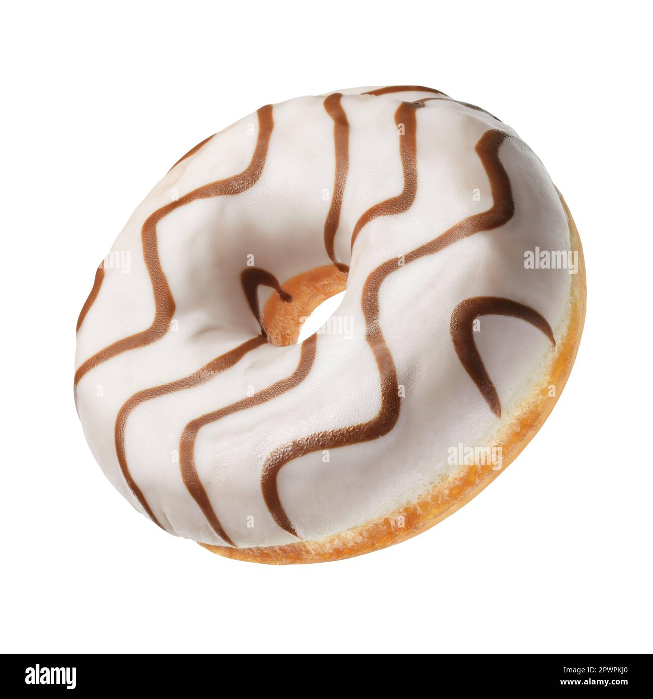 White donut with brown strips isolated on white background. Stock Photo