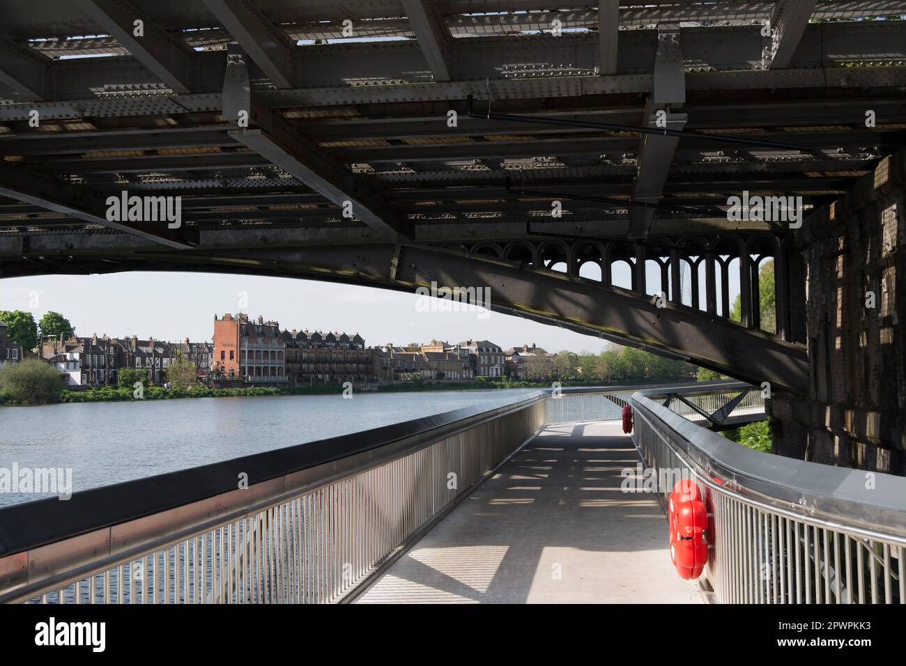 a section of dukes meadows footbridge, below barnes bridge on the river