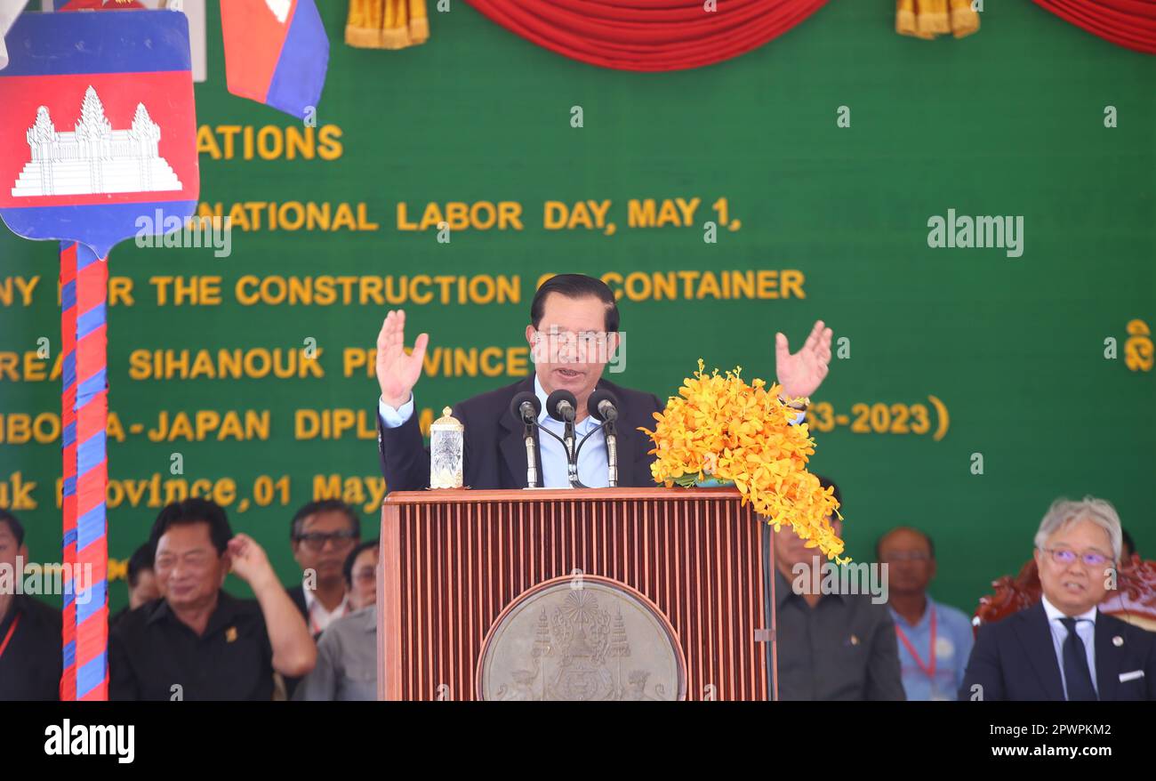 Sihanoukville. 1st May, 2023. Cambodian Prime Minister Samdech Techo Hun Sen speaks during a groundbreaking ceremony for a new container terminal at the Sihanoukville Autonomous Port in Sihanoukville, Cambodia on May 1, 2023. Cambodia on Monday started the construction of a new container terminal at the Sihanoukville Autonomous Port, aiming to transform this feeder port into the hub port by 2029. Credit: Ly Lay/Xinhua/Alamy Live News Stock Photo