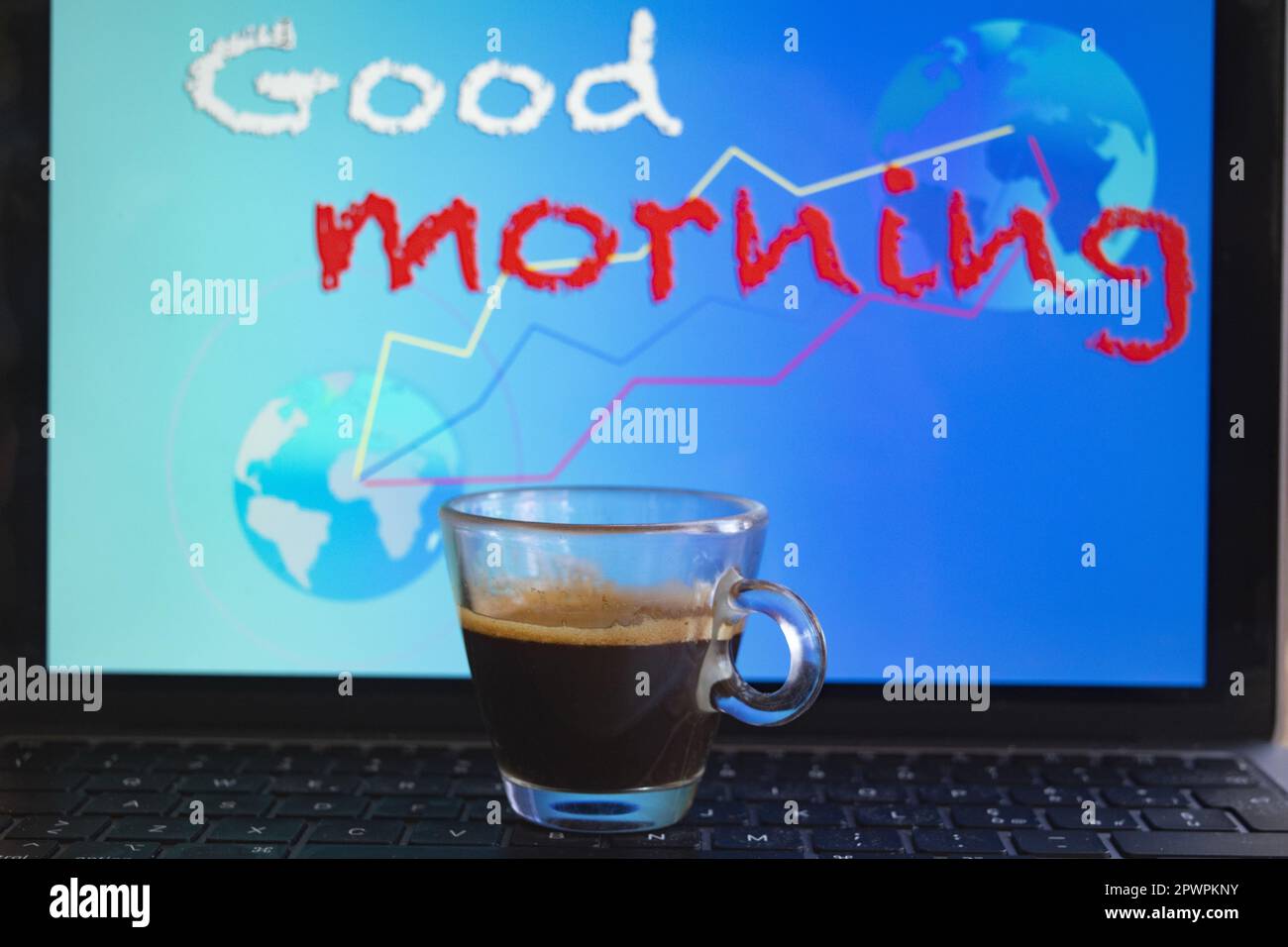 concept of waking up and good morning wish with cup of coffee Stock