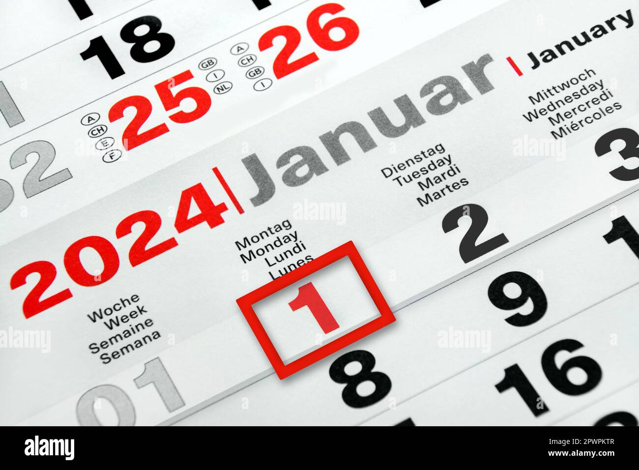 Red German calender January 1 2024 and   Week Monday Tuesday Wednesday Stock Photo