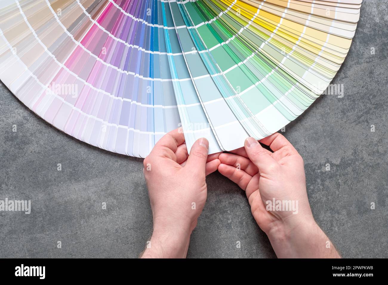 Designer or architect choosing samples the colors painting of the walls into room. interior design project. top view Stock Photo
