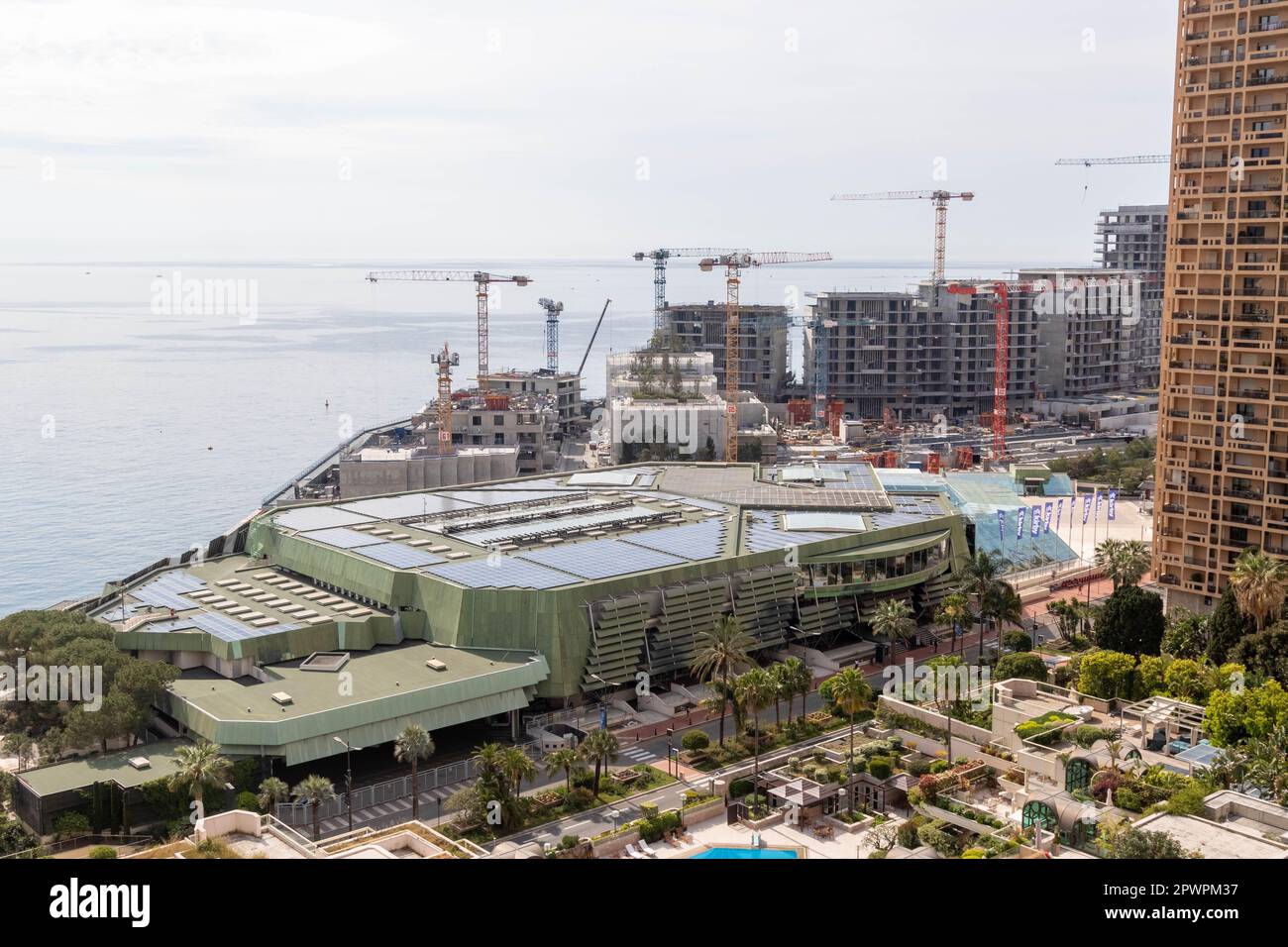 Larvotto, Monaco, April 21st 2023:- A view of the Grimaldi Forum, located in the beach area of Larvotto in Monaco. Stock Photo