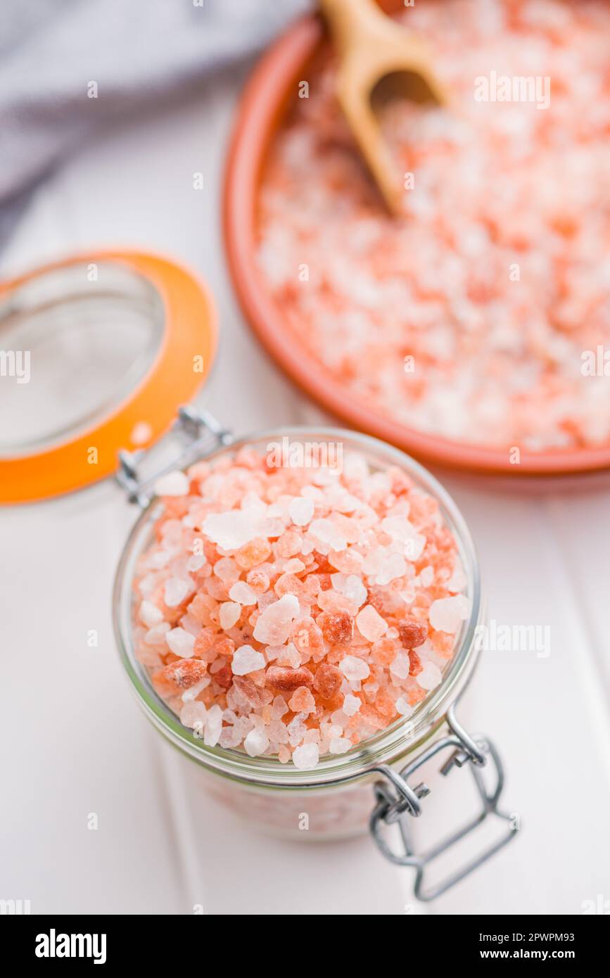 Pink himalayan salt in the jar Stock Photo Alamy