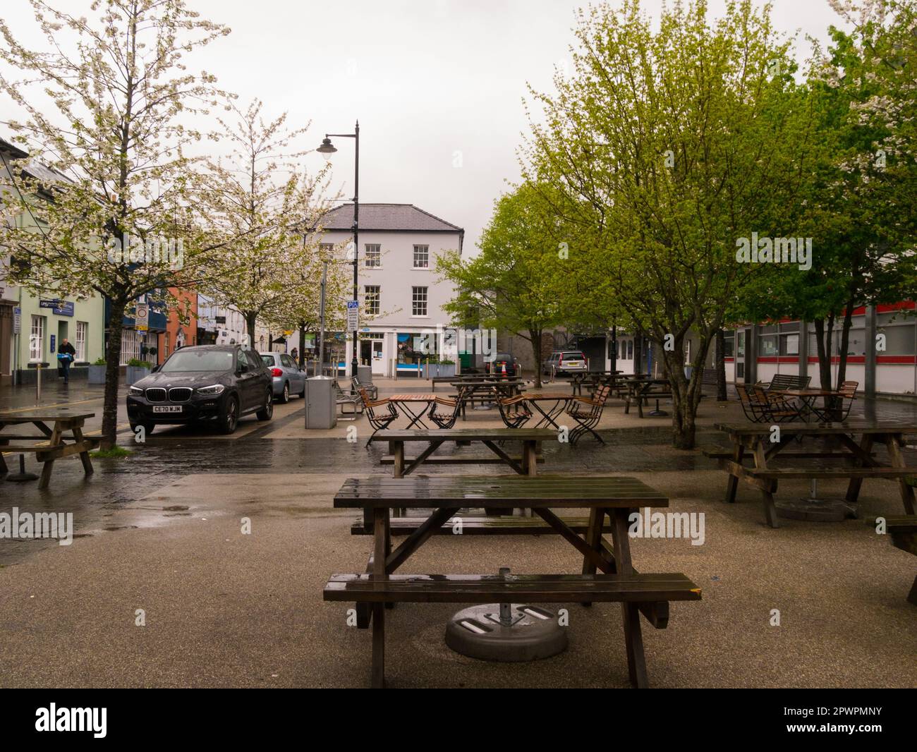 Picnic tables in Nevill Street in market town of Abergavenny