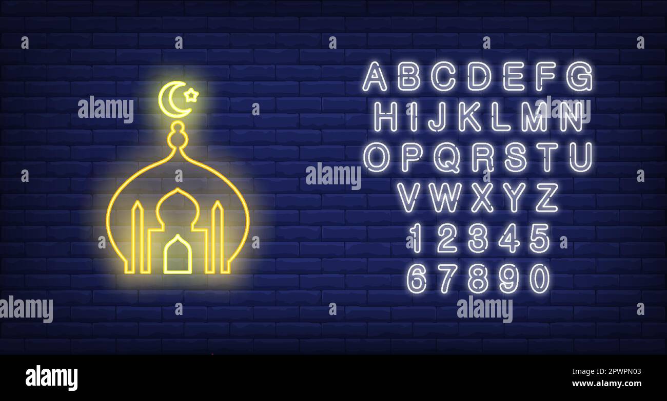 Mosque with moon and dome neon sign Stock Vector