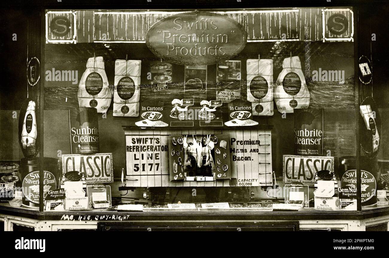 Swift Meat Packing about 1900, Union Stockyards, Refrigerated Railcars, Swift & Co. Meat Products, Meat Packing Industry History, Product Window Stock Photo