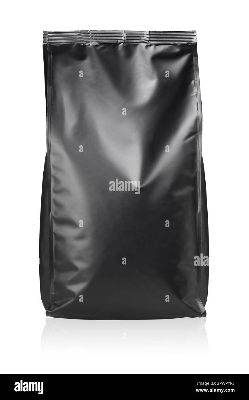 Black plastic pouch bag isolated on white background, Stock Photo