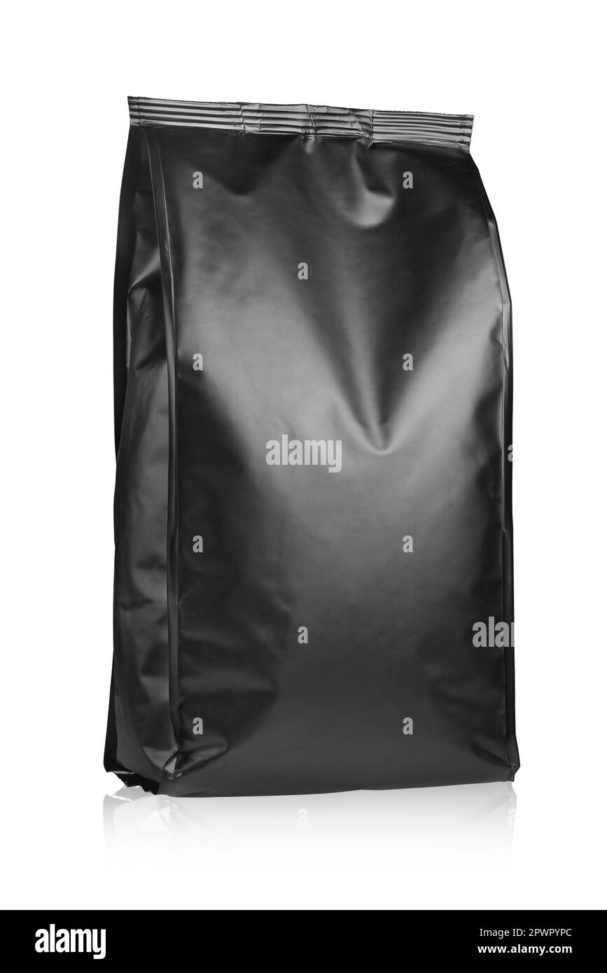 Black plastic pouch bag isolated on white background, Stock Photo