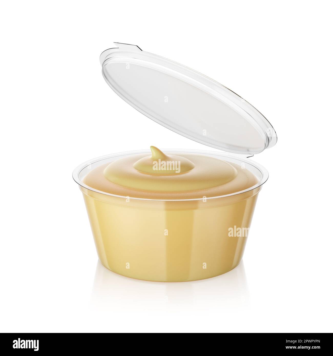 Open cheese sauce in fast food dip container isolated on white. 3D