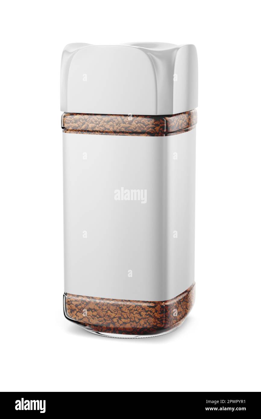 Jar of instant coffee with blank label isolated on white background. 3D