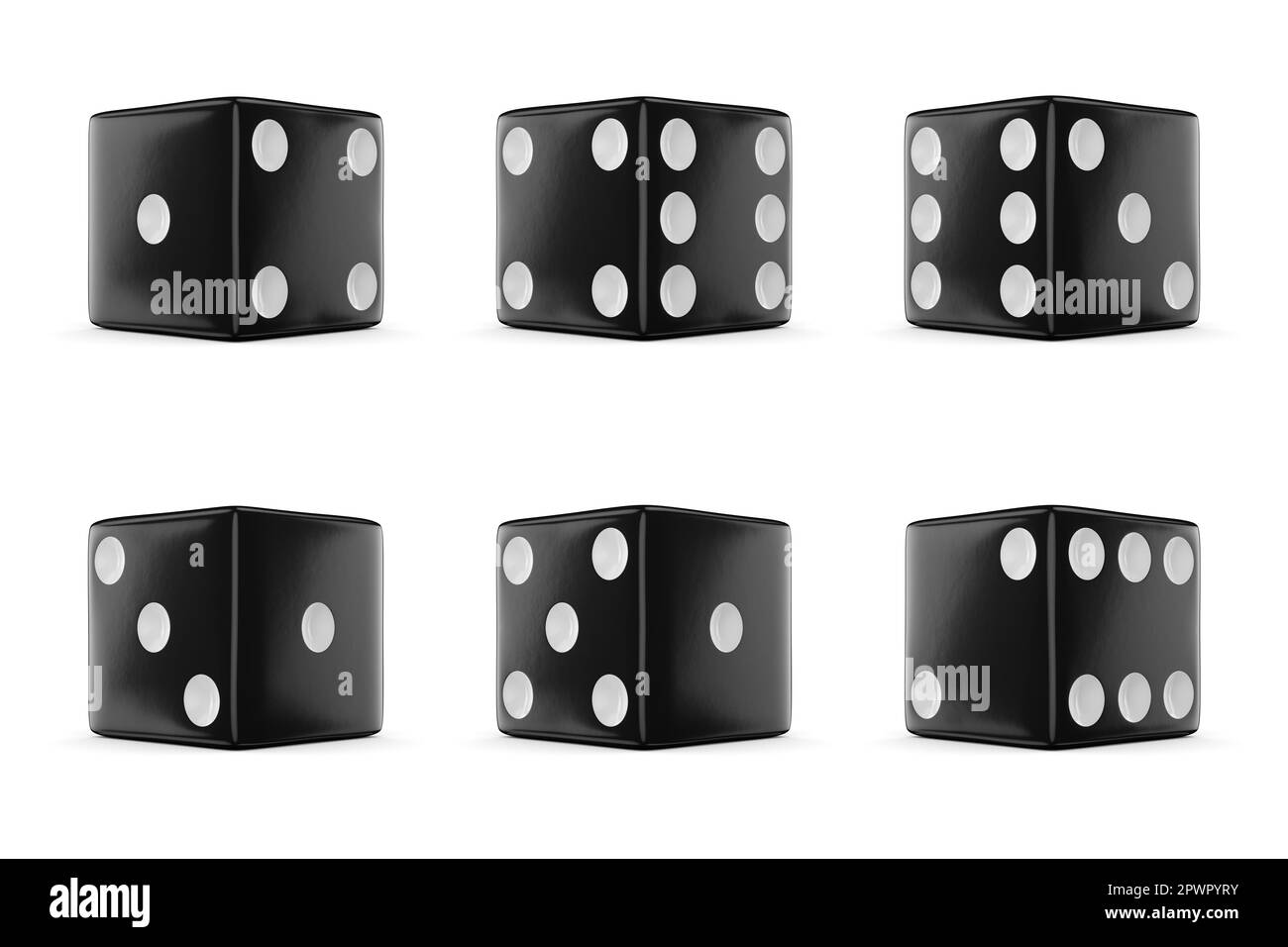 Set of six black dice with white dots different numbers. 3d rendering