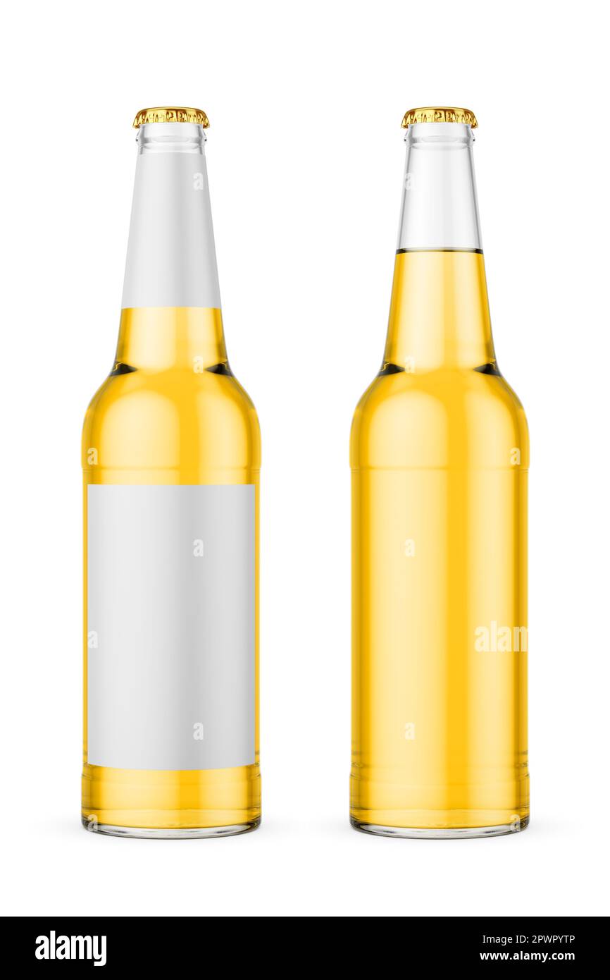 Beer bottle, clean and with label isolated on white. Clear glass