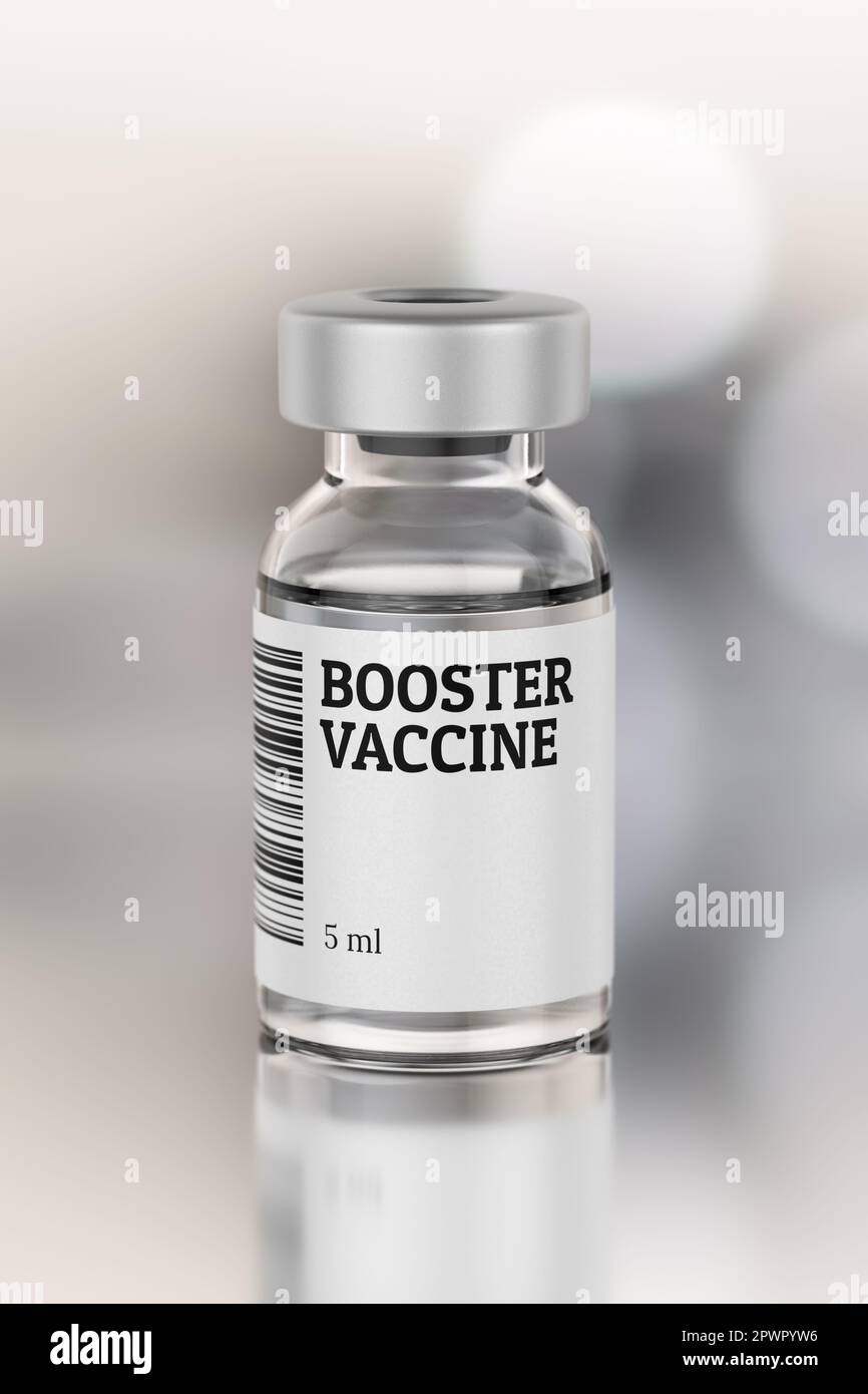 Booster dose vaccine in glass vial. 3d rendering illustration. Stock Photo