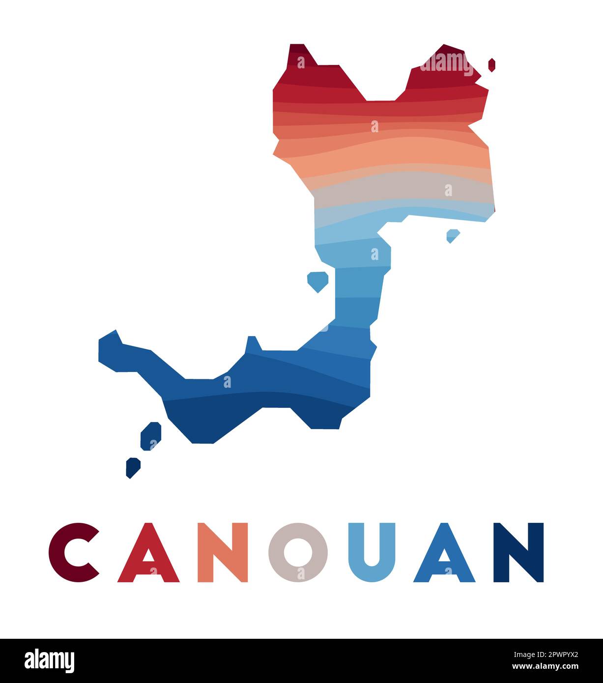 Canouan map. Map of the island with beautiful geometric waves in red blue colors. Vivid Canouan shape. Vector illustration. Stock Vector