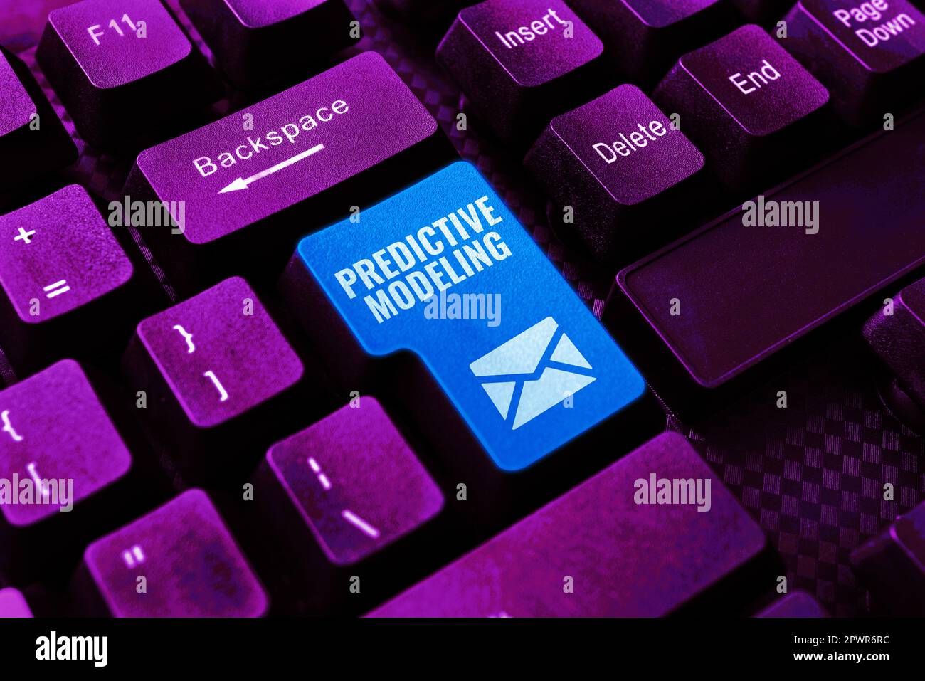 Text caption presenting Predictive Modeling, Business idea maintenance strategy driven by predictive analytics Stock Photo