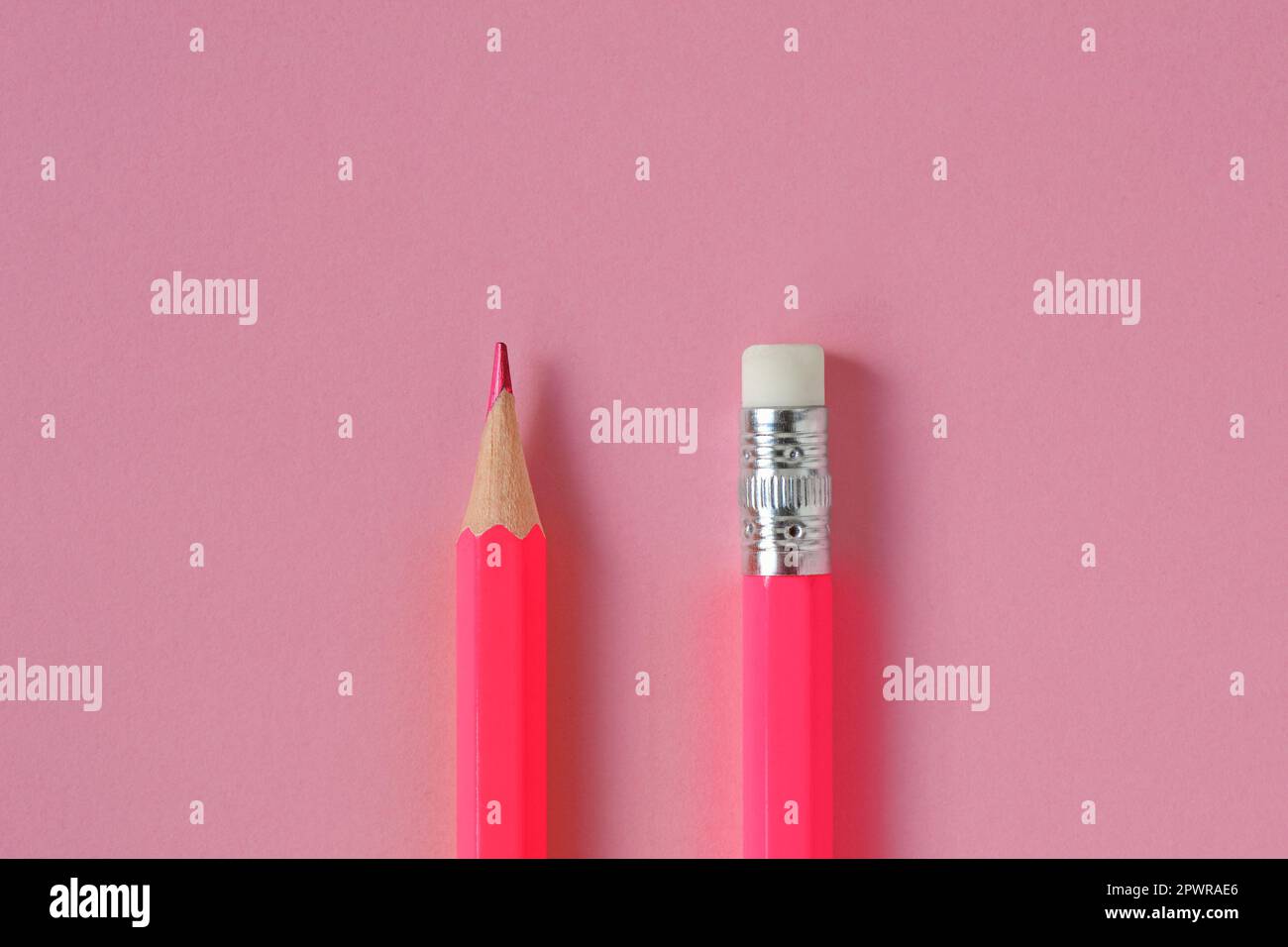 Pink pencil tip and eraser on pink background - Concept of women and creative thinking Stock Photo