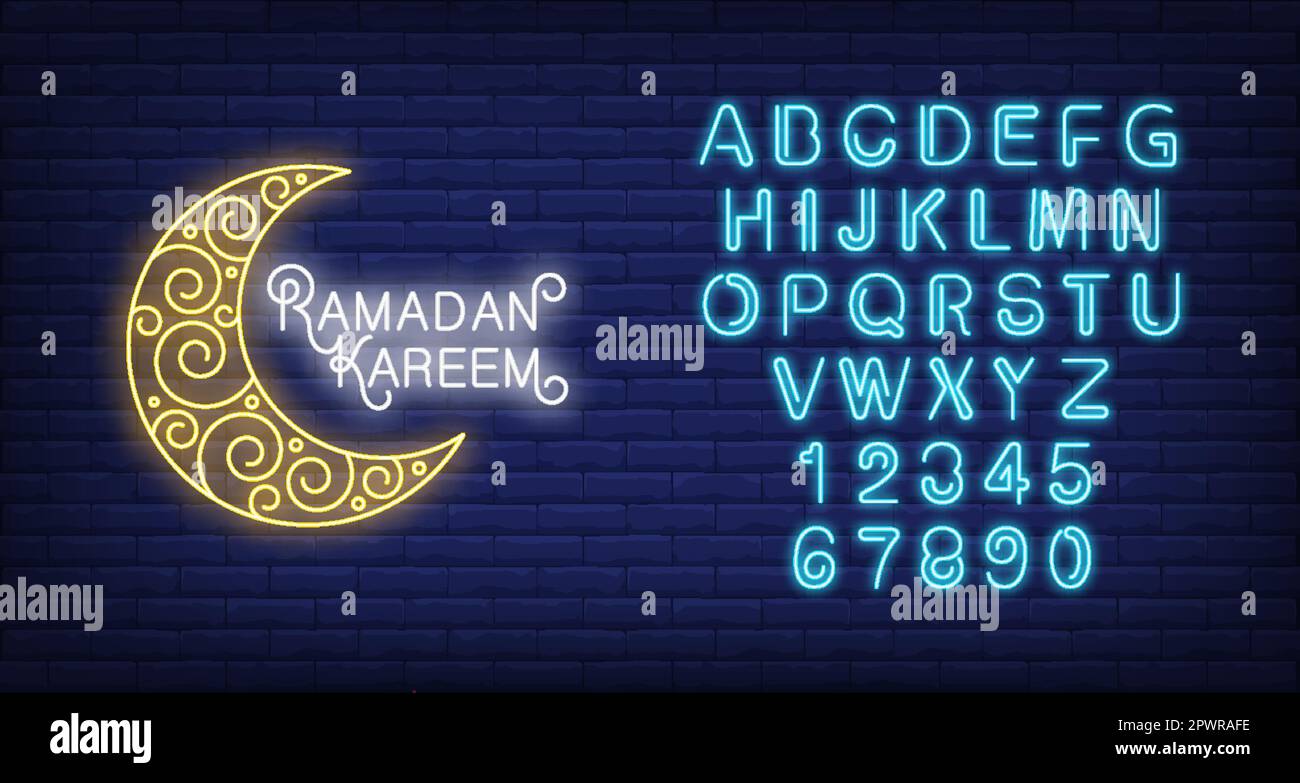 Ramadan Kareem neon text with crescent moon Stock Vector