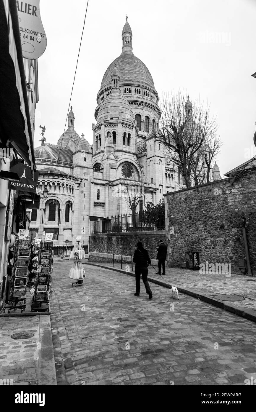 Paris, France - January 19, 2022: Street view from Montmartre, one of the most vibrant and popular districts of Paris, the French capital. Stock Photo