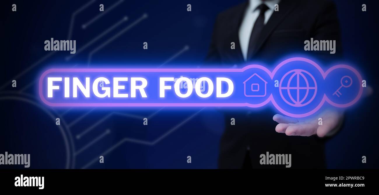 Sign displaying Finger Food, Business overview products and digestives