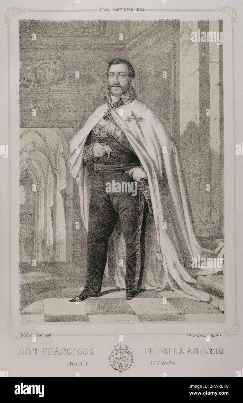 Francisco de Paula Antonio de Borbón (1794-1865). Infante of Spain. Son of Charles IV of Spain and Maria Luisa of Parma. Portrait. Drawing by B. Blanco. Lithography by J. Donón. 'Reyes Contemporáneos'. Volume I. Published in Madrid, 1855. Author: Julio Donón. Spanish artist active from 1840 to 1880. Bernardo Blanco (1828-1876). Spanish lithographer. Stock Photo