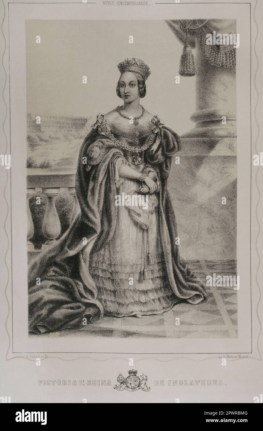 Queen Victoria (1819-1901). Queen of the United Kingdom of Great Britain and Ireland (1837-1901). Empress of India. Portrait. Lithography by Martínez. 'Reyes Contemporáneos'. Volume I. Published in Madrid, 1855. Author: Martínez. 19th century Spanish lithographer. Stock Photo