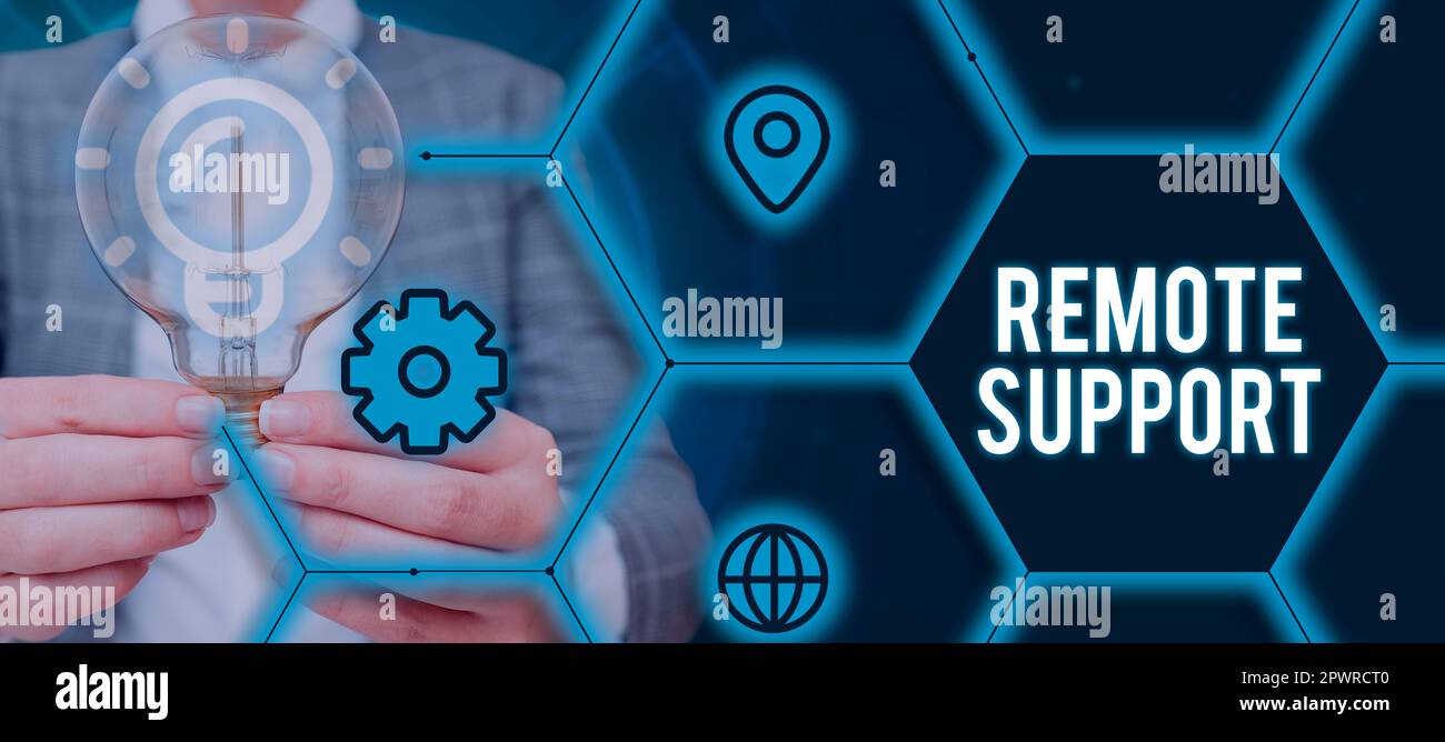 Handwriting text Remote Support, Word Written on help end-users to solve computer problems and issues remotely Stock Photo