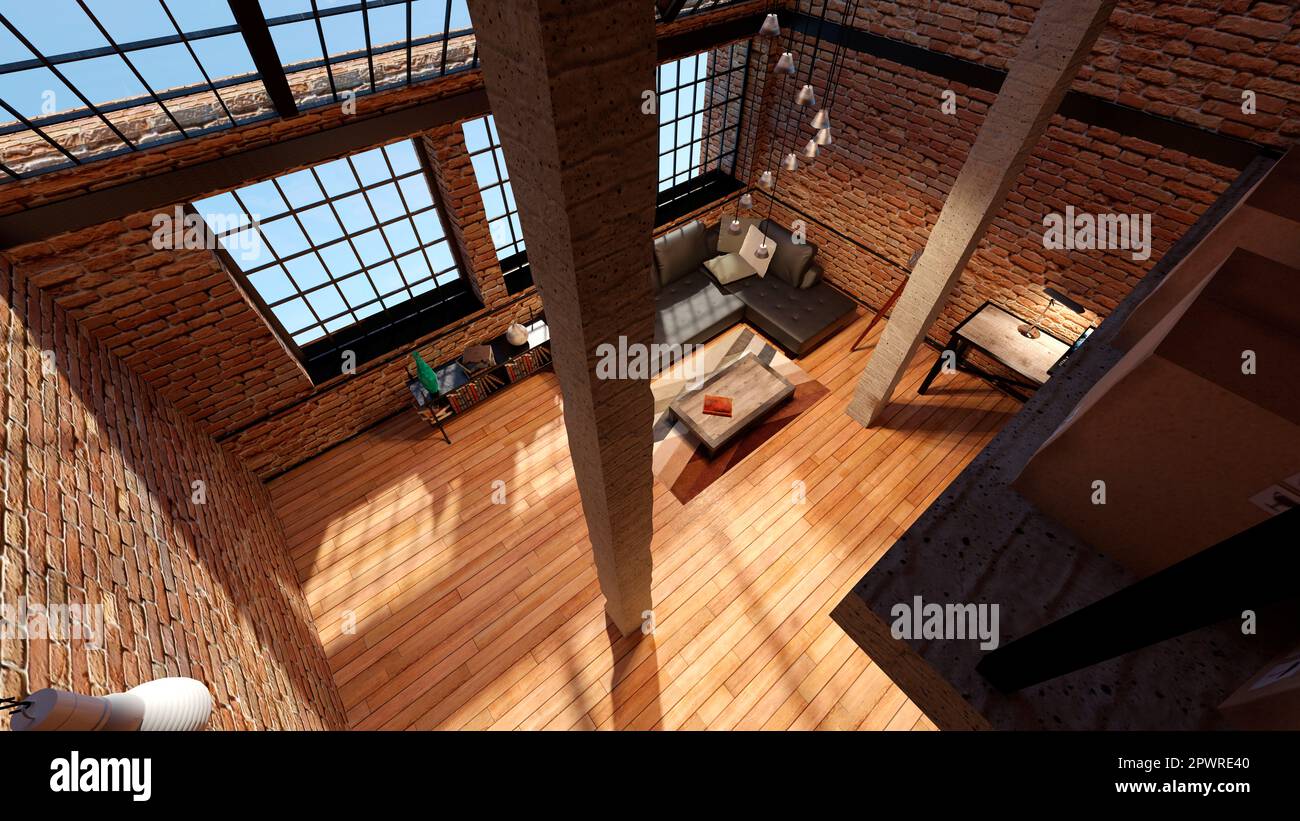 3D rendering of an industrial loft living room interior Stock Photo - Alamy