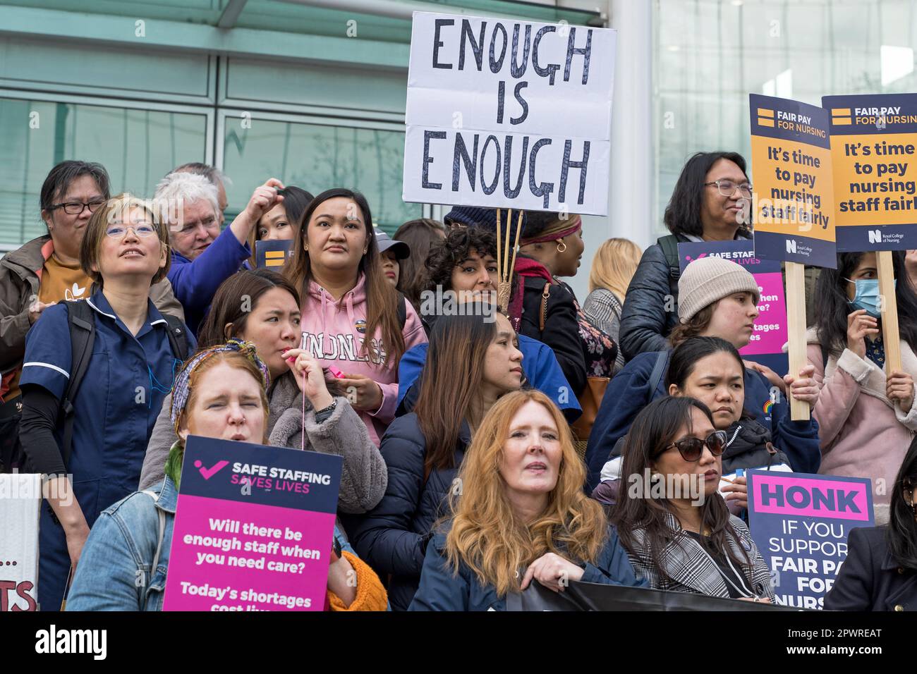 Nurses on strike at the official picket line outside UCL Hospital