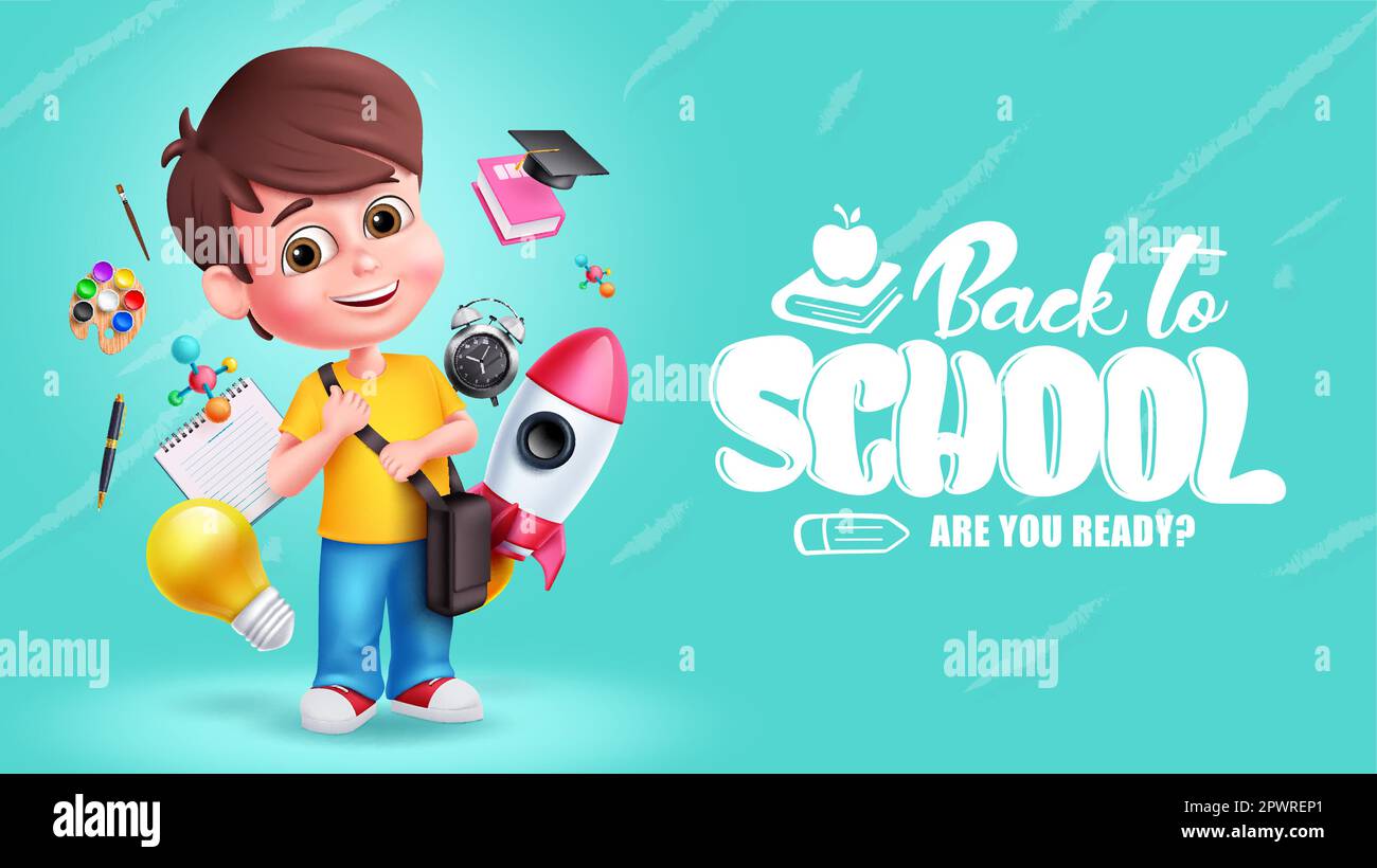 Back to school text vector design. School young boy character with learning educational supplies elements. Vector illustration school education Stock Vector