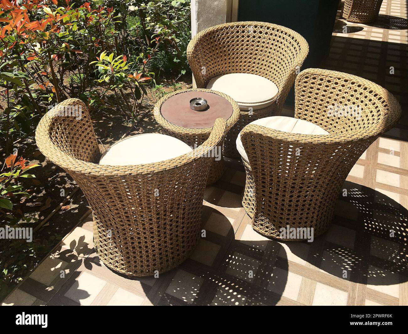 Garden rattan furniture in near plan Stock Photo Alamy