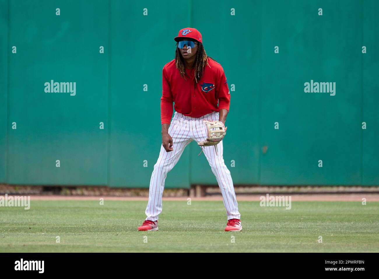 Clearwater Threshers outfielder Emaarion Boyd (23) during an MiLB Florida State League baseball game against the Fort Myers Mighty Mussels on April 16, 2023 at BayCare Ballpark in Clearwater, Florida. (Mike Janes/Four Seam Images via AP) Stock Photo