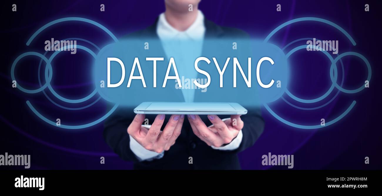 Conceptual caption Data Sync, Business idea data that is continuously generated by different sources Stock Photo