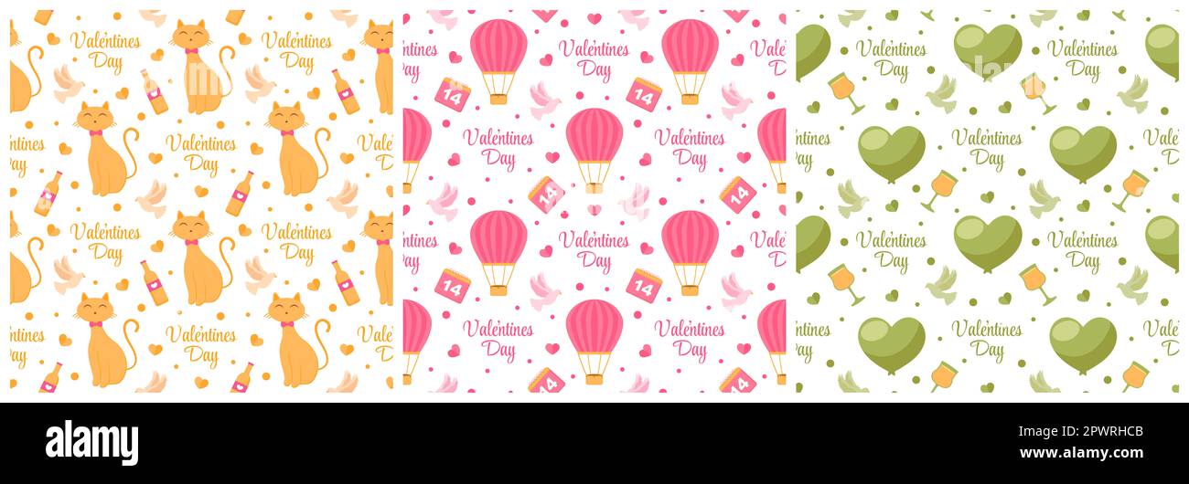 Set of Happy Valentines Day Seamless Pattern Design Love Greeting Card ...