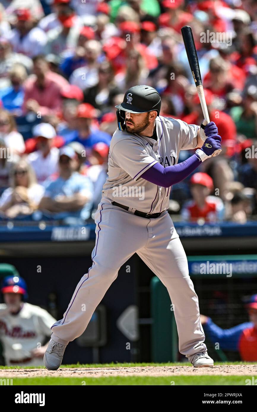 PHILADELPHIA, PA - APRIL 23: Colorado Rockies first baseman Mike Moustakas  (11) during the Major League baseball game between the Colorado Rockies and  the Philadelphia Phillies on April 23, 2023 at Citizens