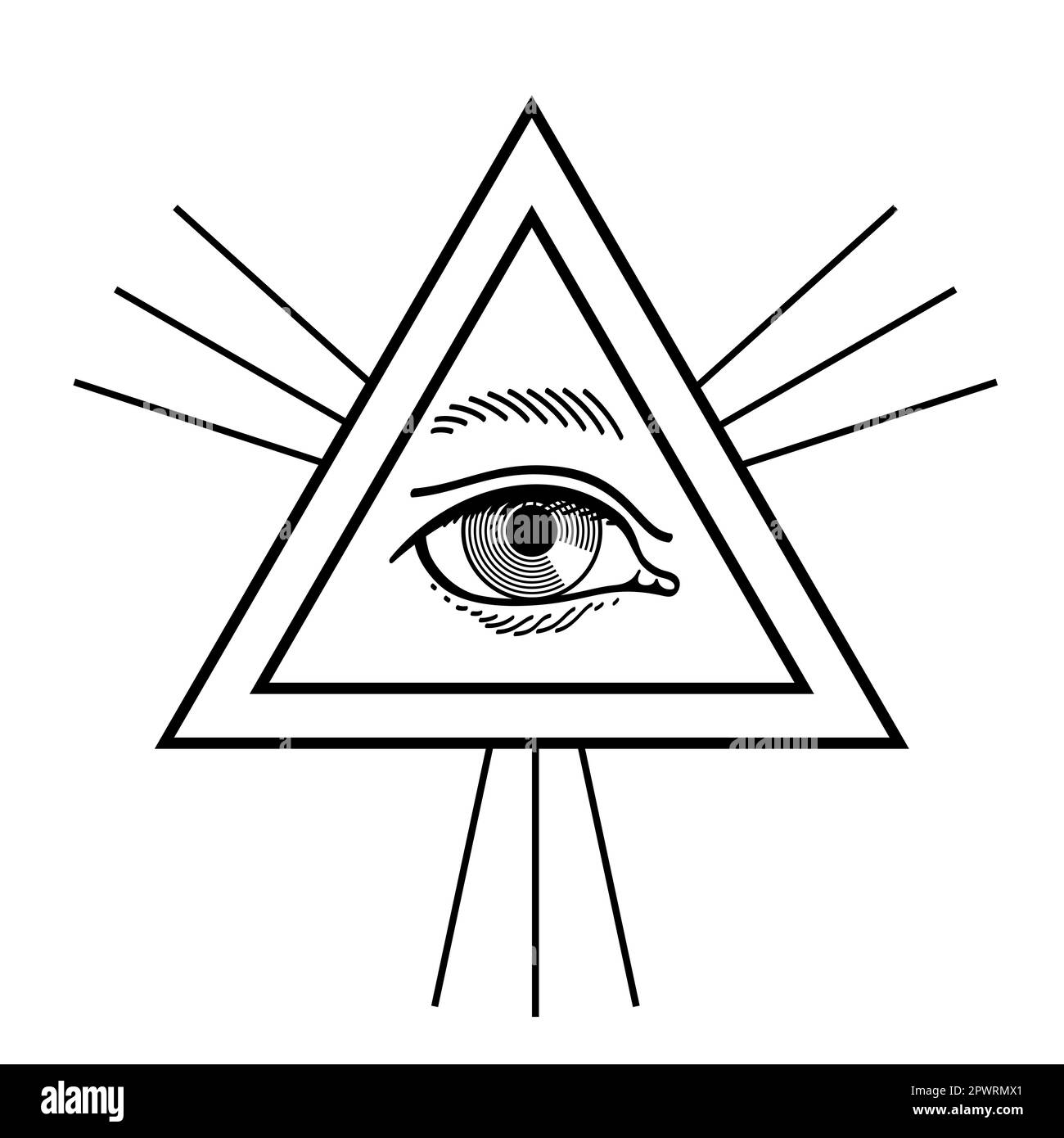 All-Seeing Eye of God, or the Eye of Providence. A triangle surrounded by rays of light or glory represents the divine providence. God is watching us. Stock Photo
