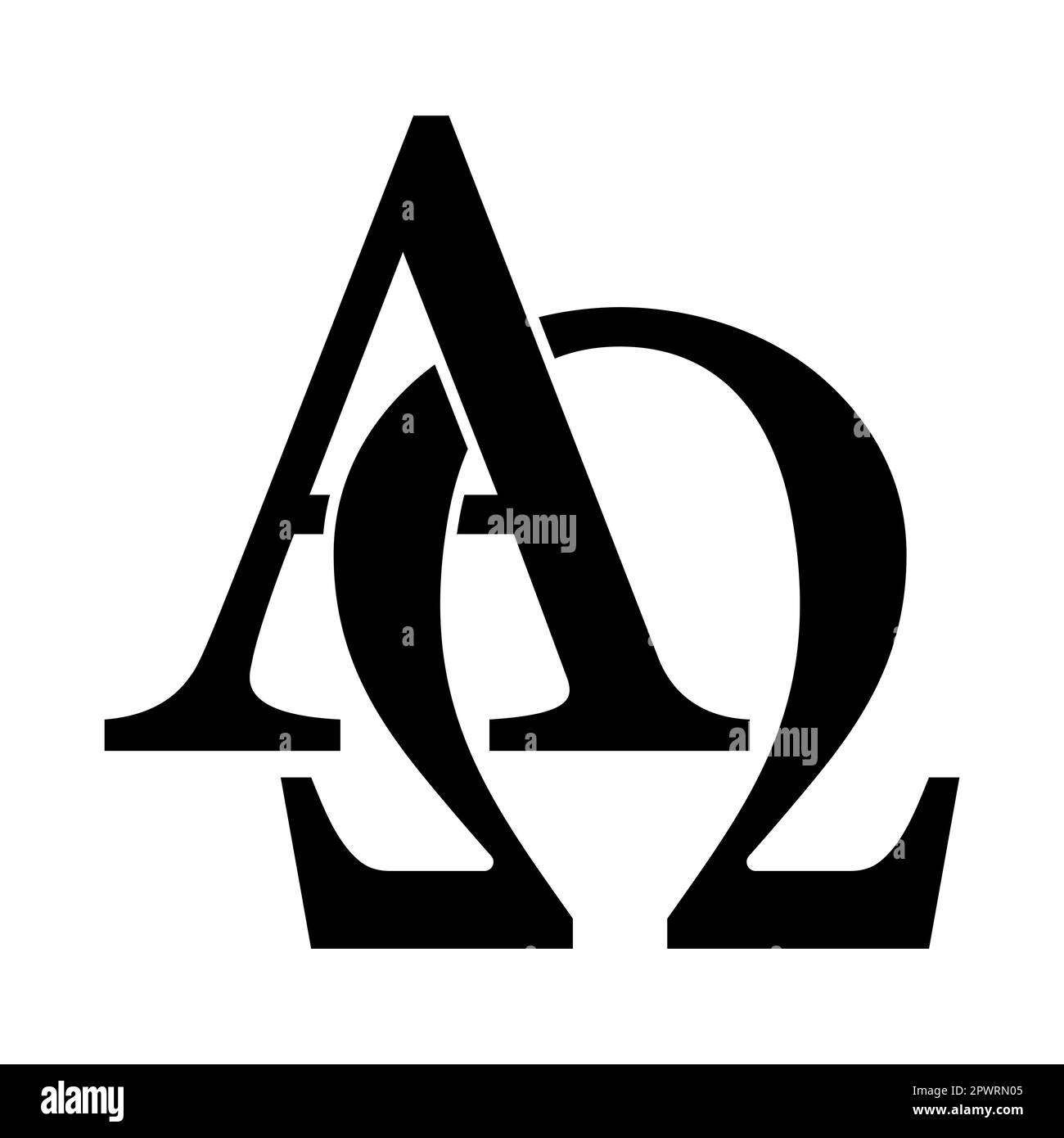 Interlaced Alpha and Omega, first and last letter in the classical Greek alphabet. Pair of letters, named in the Book of Revelation. Stock Photo