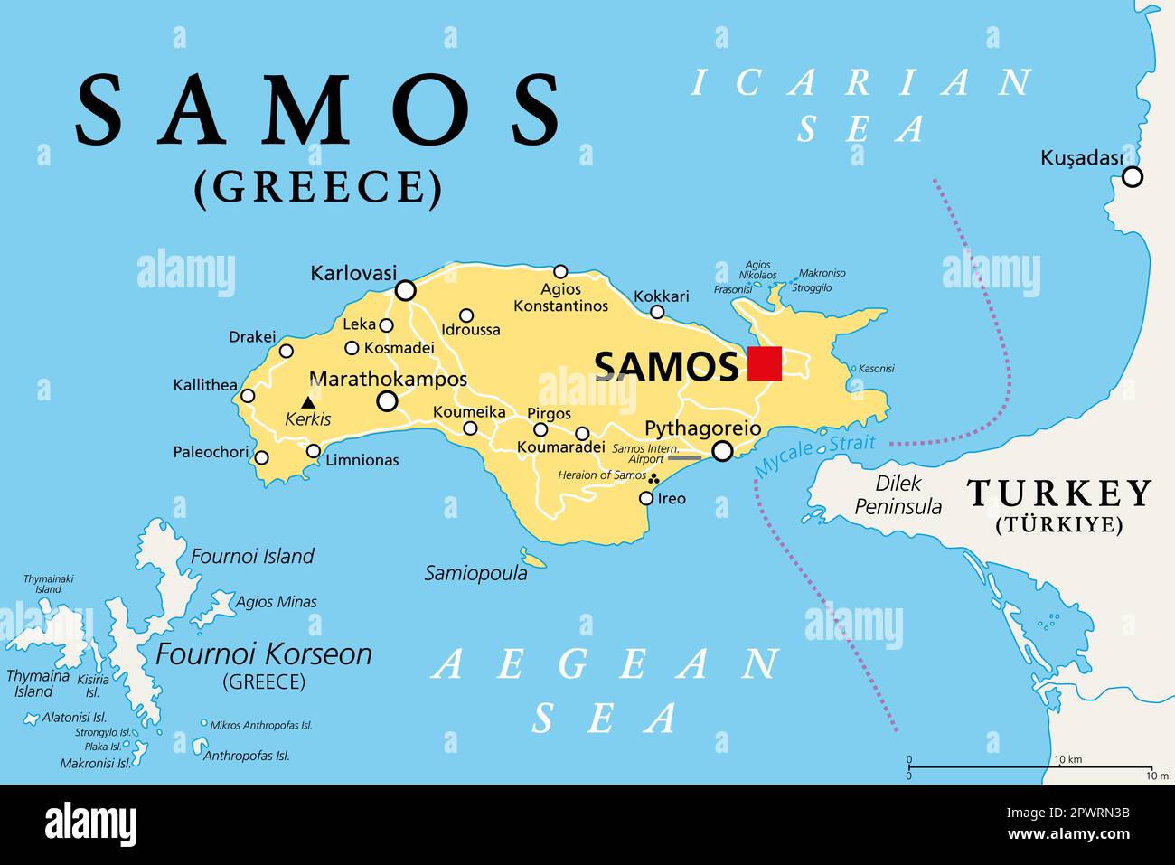 Samos, Greek island, political map. Island in the eastern Aegean Sea, and separated of the western Turkey coast by the Mycale Strait. Stock Photo