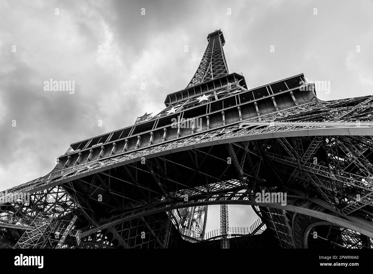 The iconic Eiffel Tower in a sunny winter day, wrought-iron lattice tower on the Champ de Mars in Paris, France. Stock Photo