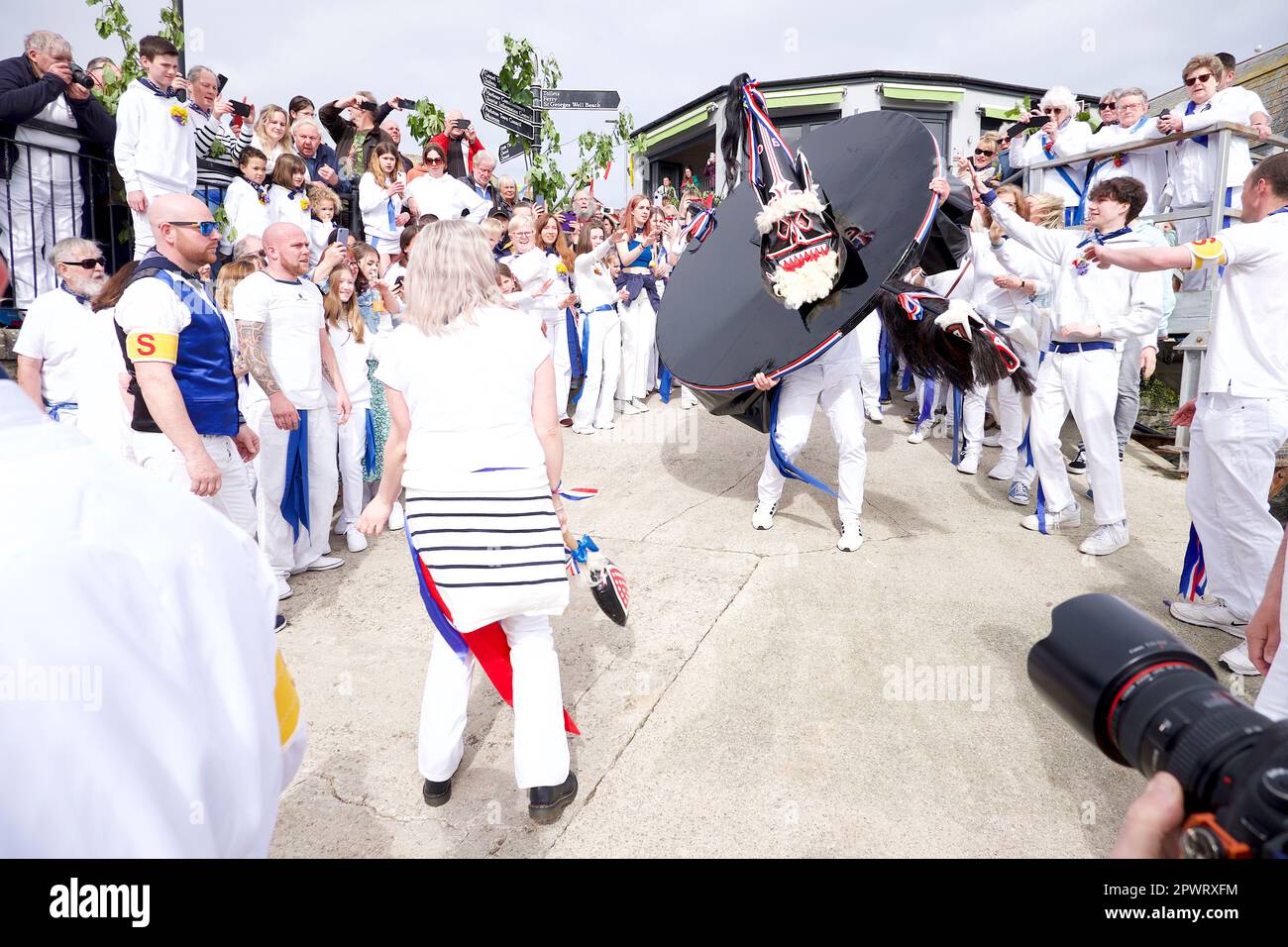 Padstow Cornwall UK 05 01 2023 Obby Oss festival or Hobby Horse Stock