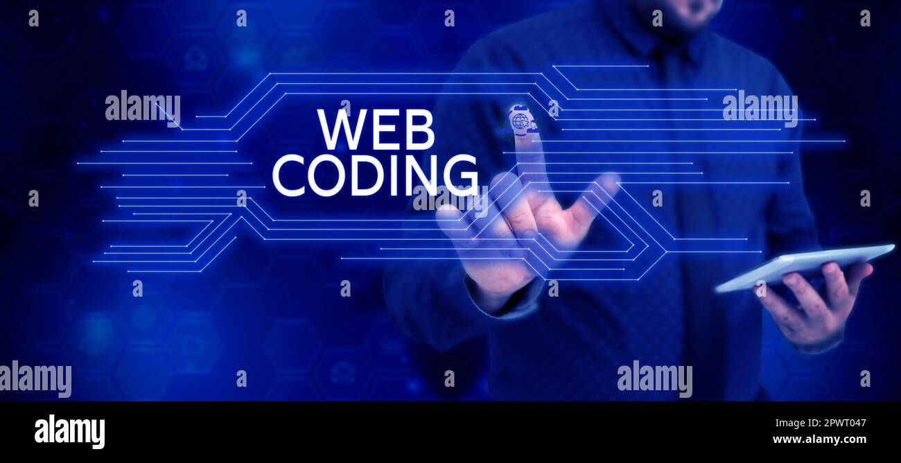 Writing displaying text Web Coding, Concept meaning work involved in developing a web site for the Internet Stock Photo