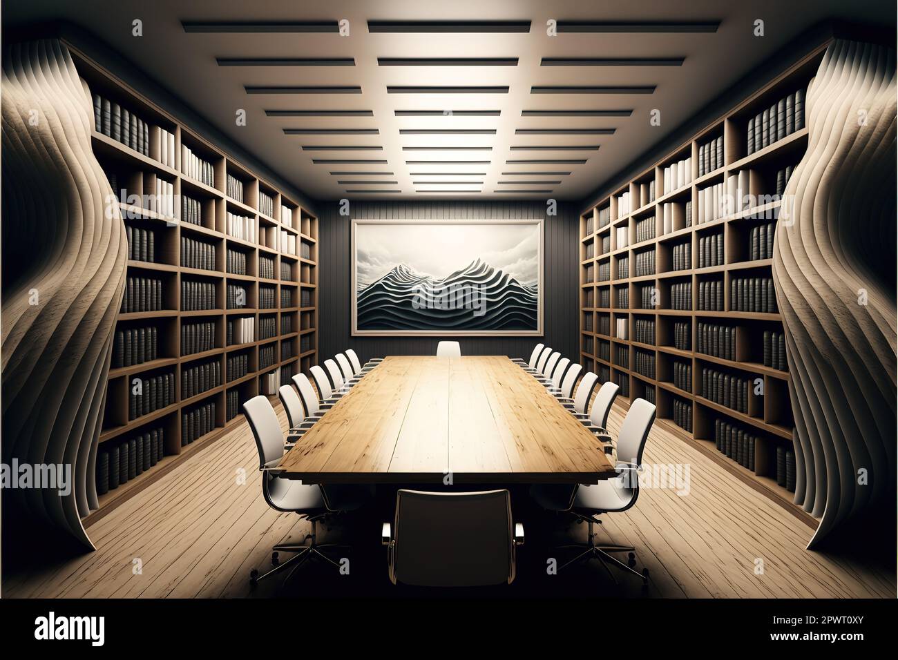 Boardroom interior with wave pattern wall, wooden floor, long table ...