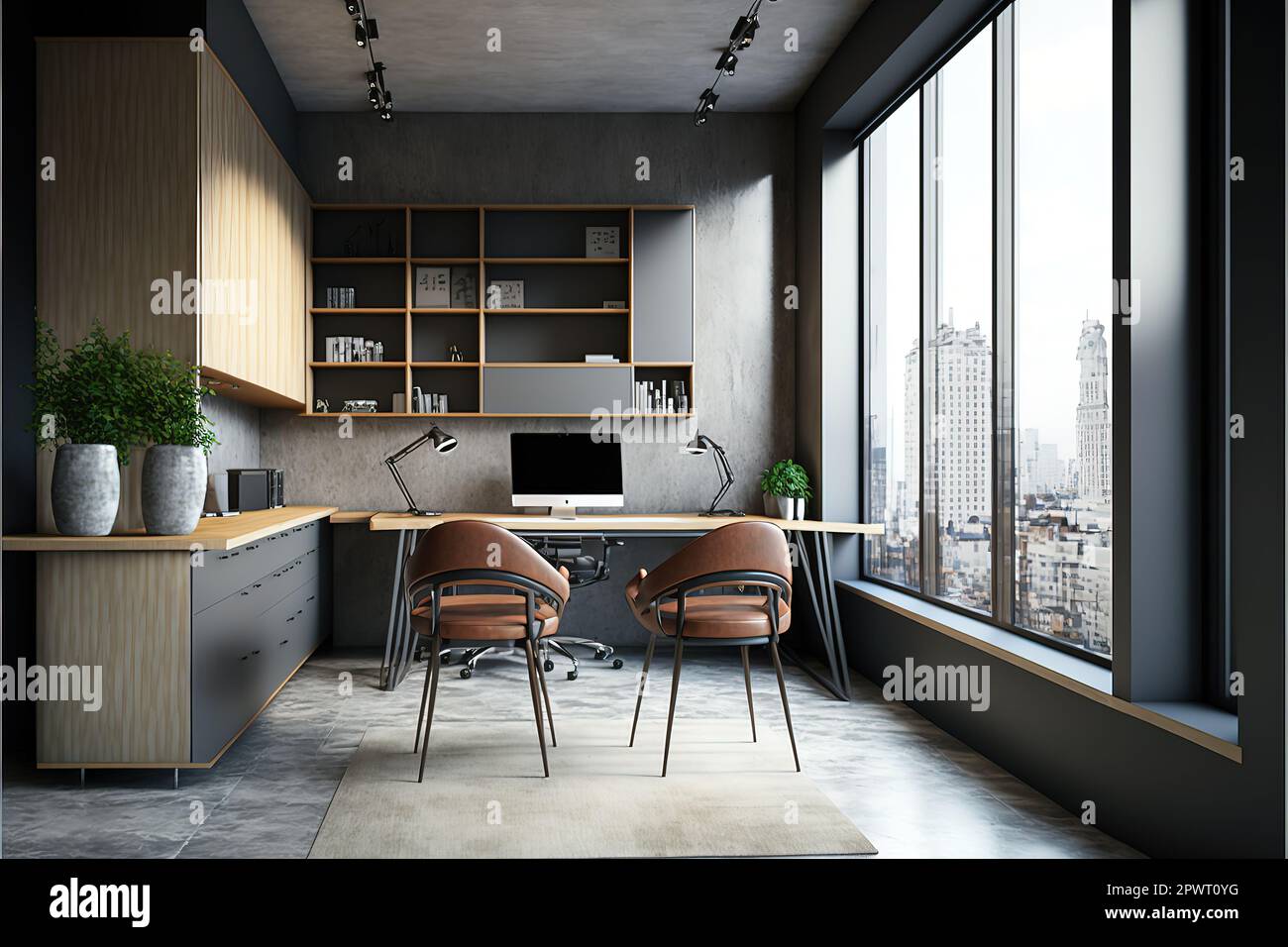 Corner of grey and brown office interior with desk, stylish niche ...