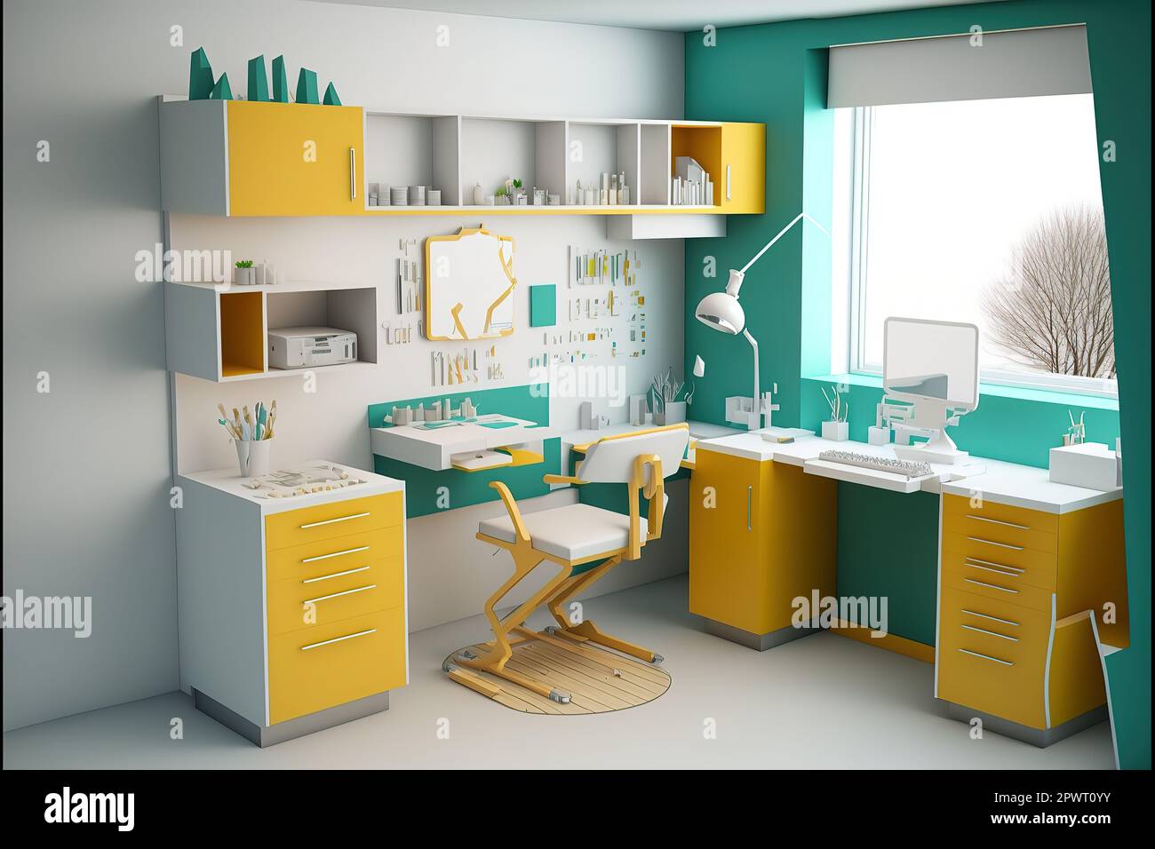 Dental clinic interior design with several working boxes and tools